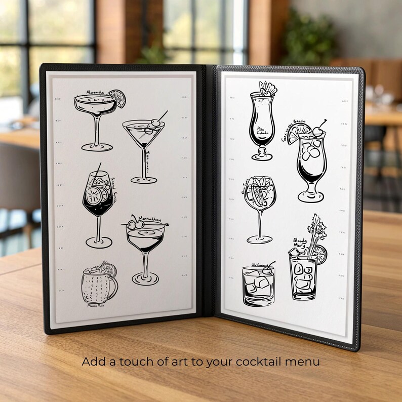Hand-drawn cocktail clipart set featuring 15 classic drinks with detailed line art and handwritten names, perfect for bar menus, invitations, and wall art.