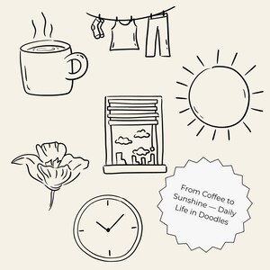 100 hand-drawn everyday life cliparts featuring cute doodle-style illustrations of daily objects like coffee, books, travel, food, plants, and cozy home items. Perfect for planners, stickers, and digital projects.