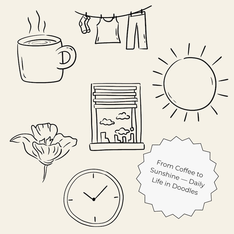 100 hand-drawn everyday life cliparts featuring cute doodle-style illustrations of daily objects like coffee, books, travel, food, plants, and cozy home items. Perfect for planners, stickers, and digital projects.