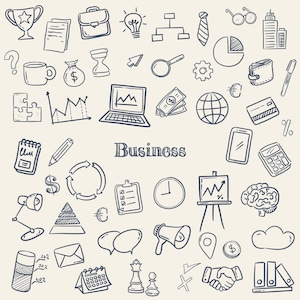 Hand-drawn business clipart set featuring laptop, charts, money icons, calendar, globe, light bulb, briefcase, and more office doodles.
