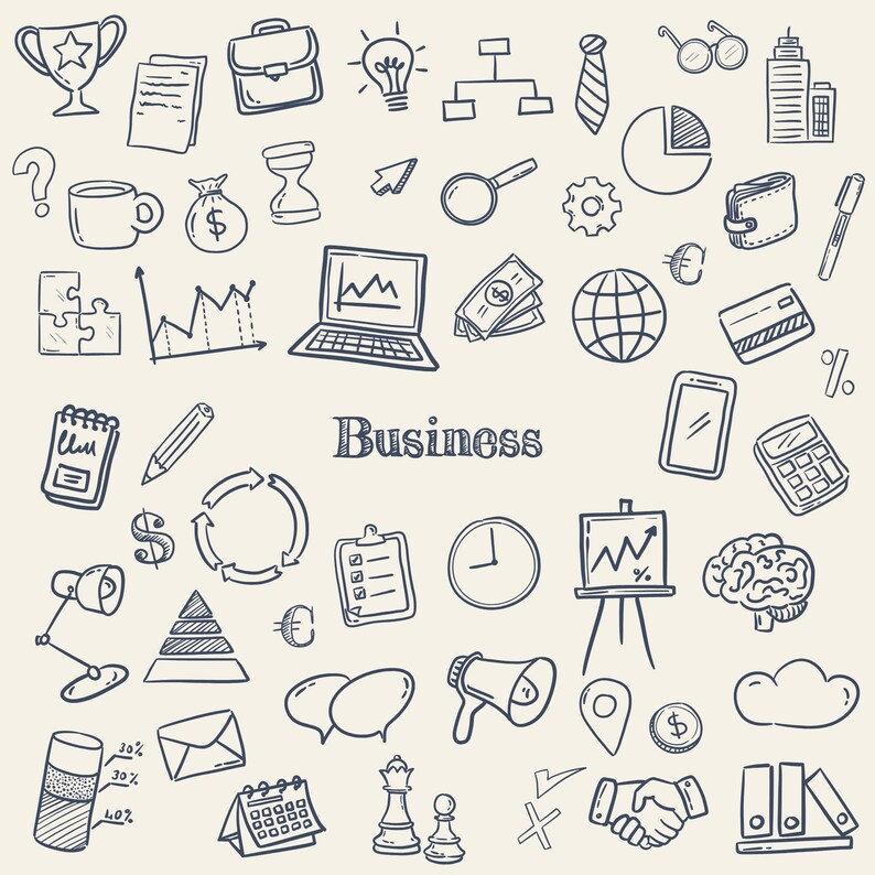 Hand-drawn business clipart set featuring laptop, charts, money icons, calendar, globe, light bulb, briefcase, and more office doodles.