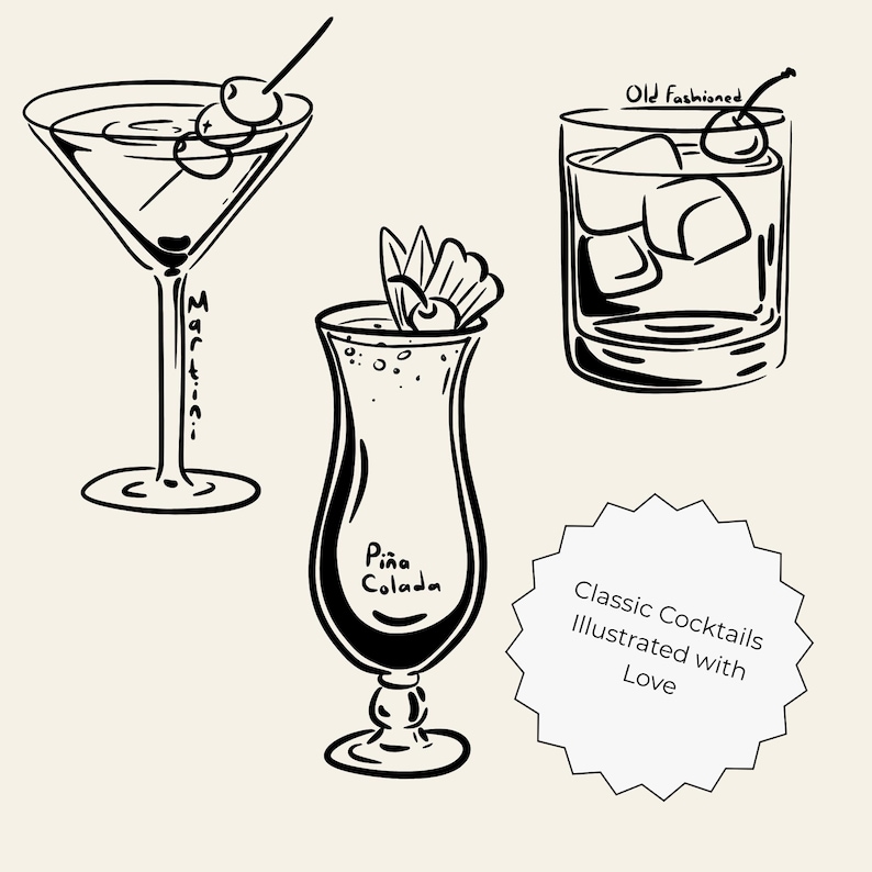 Hand-drawn cocktail clipart set featuring 15 classic drinks with detailed line art and handwritten names, perfect for bar menus, invitations, and wall art.