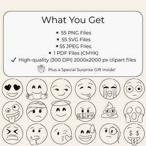 Hand-drawn doodle emoji clipart set featuring 55 cute and expressive faces in PNG, SVG, JPG, and PDF formats. Perfect for stickers, planners, journals, scrapbooking, and Cricut crafts.