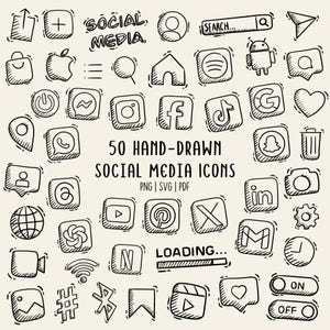 Handgezeichnete Social Media Icons Cliparts | Instagram TikTok Doodles | PNG SVG PDF | Kommerzielle Nutzung