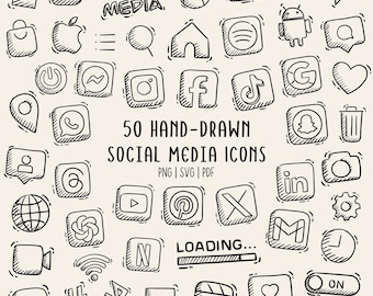Handgetekende sociale media iconen Cliparts | Instagram TikTok-doodles | PNG SVG-PDF | Commercieel gebruik