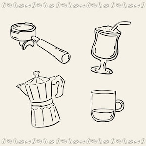 Hand-drawn coffee clipart set with line art coffee cups, espresso tools, moka pot, grinder, coffee beans and cafe elements, doodle illustrations.