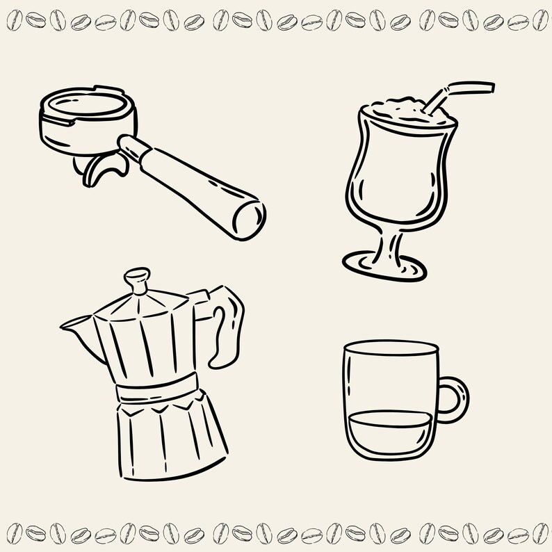 Hand-drawn coffee clipart set with line art coffee cups, espresso tools, moka pot, grinder, coffee beans and cafe elements, doodle illustrations.