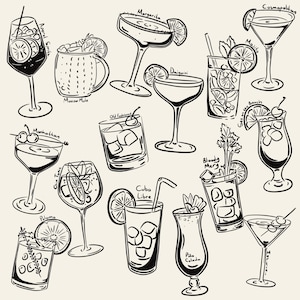 Hand-drawn cocktail clipart set featuring 15 classic drinks with detailed line art and handwritten names, perfect for bar menus, invitations, and wall art.