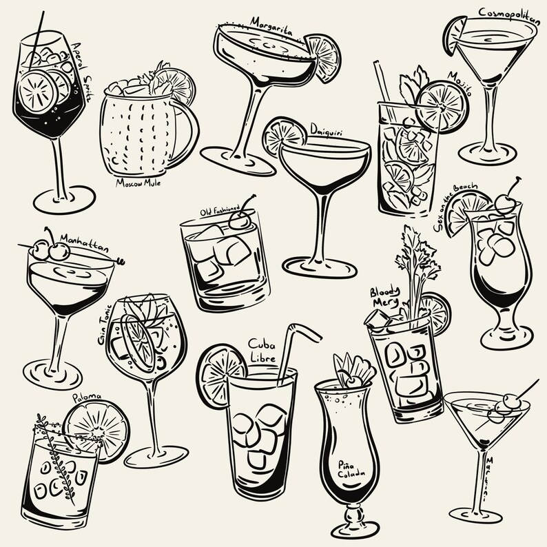 Hand-drawn cocktail clipart set featuring 15 classic drinks with detailed line art and handwritten names, perfect for bar menus, invitations, and wall art.