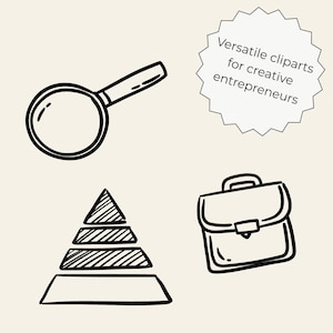 Hand-drawn business clipart set featuring laptop, charts, money icons, calendar, globe, light bulb, briefcase, and more office doodles.
