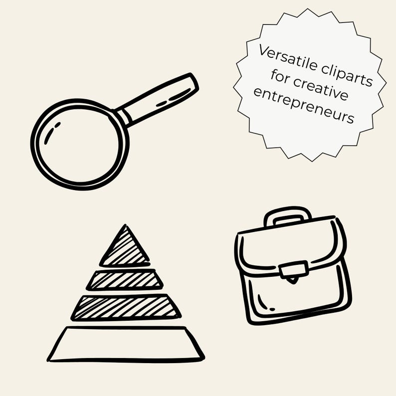 Hand-drawn business clipart set featuring laptop, charts, money icons, calendar, globe, light bulb, briefcase, and more office doodles.