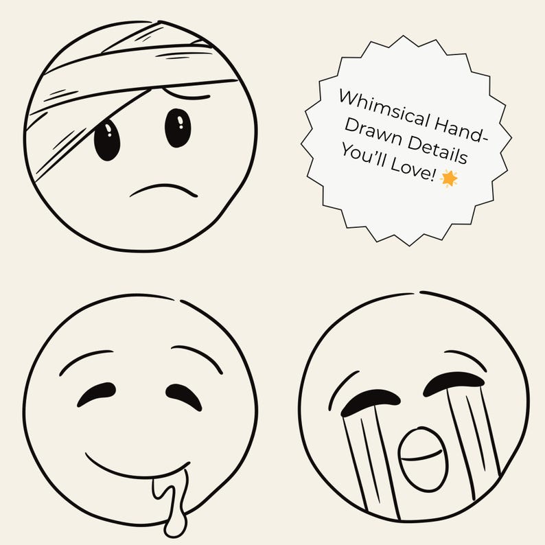 Hand-drawn doodle emoji clipart set featuring 55 cute and expressive faces in PNG, SVG, JPG, and PDF formats. Perfect for stickers, planners, journals, scrapbooking, and Cricut crafts.