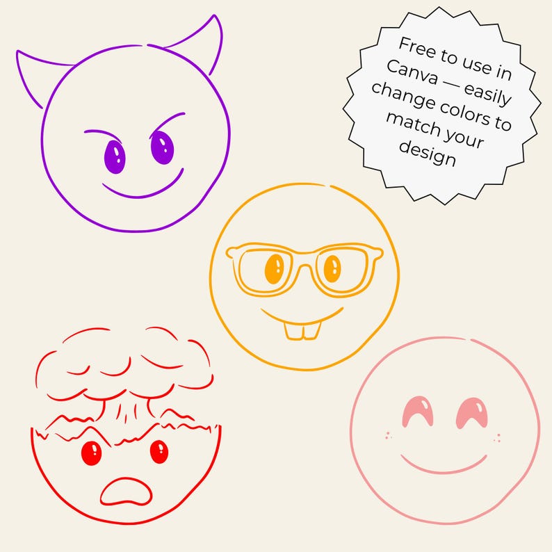 Hand-drawn doodle emoji clipart set featuring 55 cute and expressive faces in PNG, SVG, JPG, and PDF formats. Perfect for stickers, planners, journals, scrapbooking, and Cricut crafts.