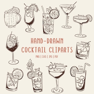 Hand-Drawn Cocktail Clipart Set | Drink Illustrations | Margarita, Martini, Mojito, Daiquiri PNG SVG | Commerical Use