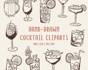 Hand-Drawn Cocktail Clipart Set | Drink Illustrations | Margarita, Martini, Mojito, Daiquiri PNG SVG | Commerical Use