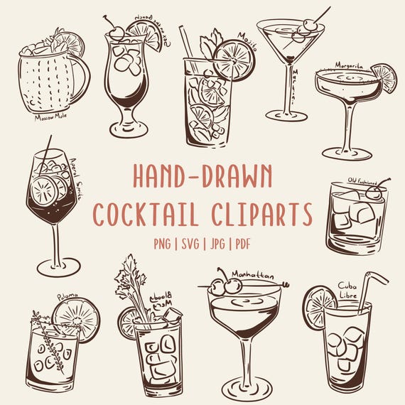 Hand-Drawn Cocktail Clipart Set | Drink Illustrations | Margarita, Martini, Mojito, Daiquiri PNG SVG | Commerical Use