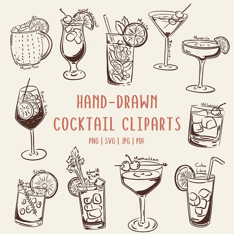 Hand-drawn cocktail clipart set featuring 15 classic drinks with detailed line art and handwritten names, perfect for bar menus, invitations, and wall art.