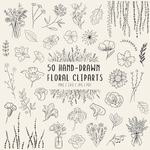 Imágenes prediseñadas de flores dibujadas a mano / 50 flores botánicas de arte lineal / PNG SVG PDF / Uso comercial