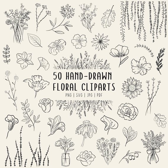 Hand-Drawn Floral Doodle Cliparts | 50 Botanical Line Art Flowers | PNG SVG PDF | Commerical Use