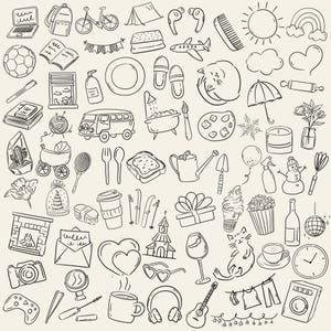 100 hand-drawn everyday life cliparts featuring cute doodle-style illustrations of daily objects like coffee, books, travel, food, plants, and cozy home items. Perfect for planners, stickers, and digital projects.