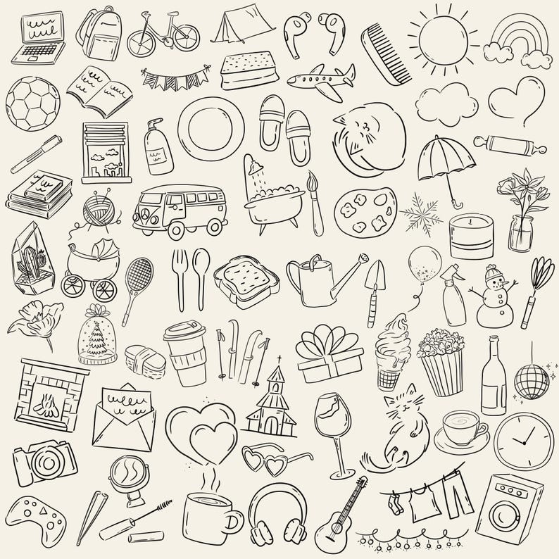 100 hand-drawn everyday life cliparts featuring cute doodle-style illustrations of daily objects like coffee, books, travel, food, plants, and cozy home items. Perfect for planners, stickers, and digital projects.