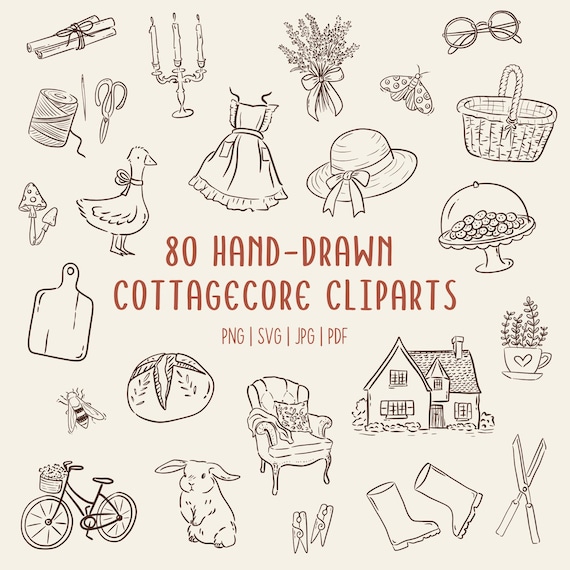 Hand-Drawn Cottagecore Clipart Set | Vintage Cozy Doodles | PNG SVG PDF Commerical Use