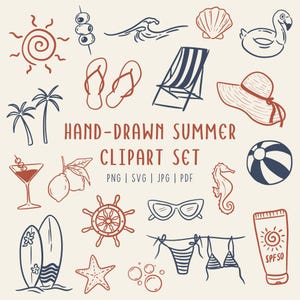 May include: Hand-drawn summer clipart set featuring beach-themed illustrations in red and blue. Includes a beach chair, sunglasses, a seashell, a beach ball, a sun, a cocktail, a starfish, and a tube of SPF 50 sunscreen.