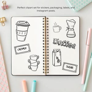 Hand-drawn coffee clipart set with line art coffee cups, espresso tools, moka pot, grinder, coffee beans and cafe elements, doodle illustrations.