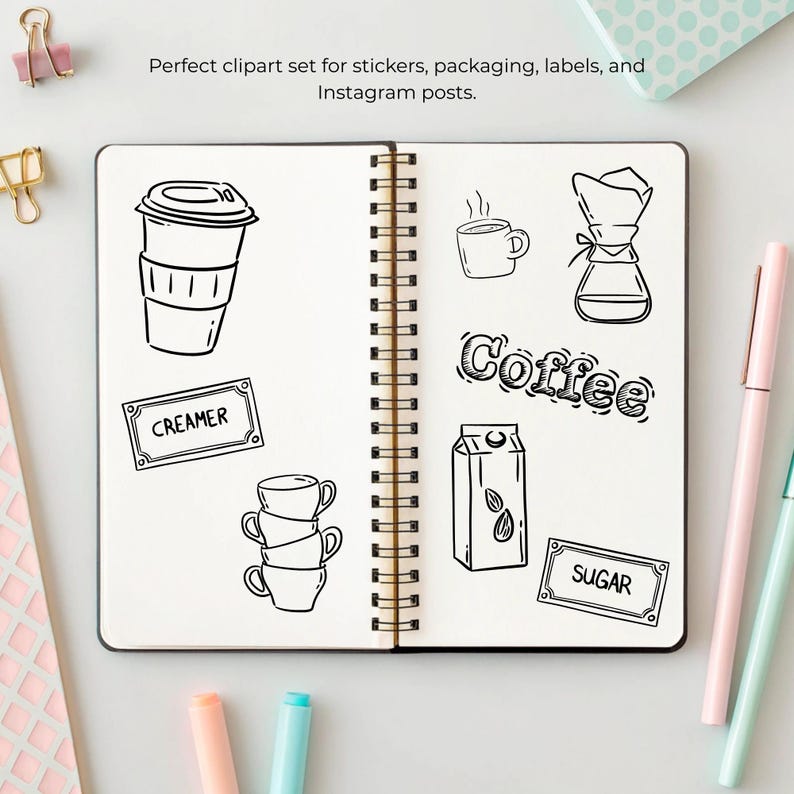 Hand-drawn coffee clipart set with line art coffee cups, espresso tools, moka pot, grinder, coffee beans and cafe elements, doodle illustrations.