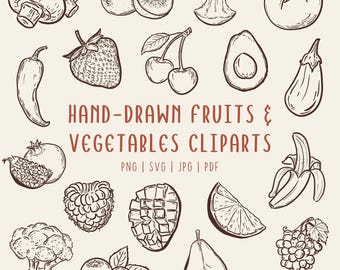 Hand Drawn Fruits and Vegetables Clipart Set | Food Illustrations | PNG SVG PDF |Commercial Use