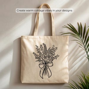 Hand-drawn cottagecore clipart set featuring vintage floral elements, cottage house, dress, basket, teapot, sun hat, jam jar, candles, gardening tools, bicycle, cozy home items, and cute animals in black line art style.