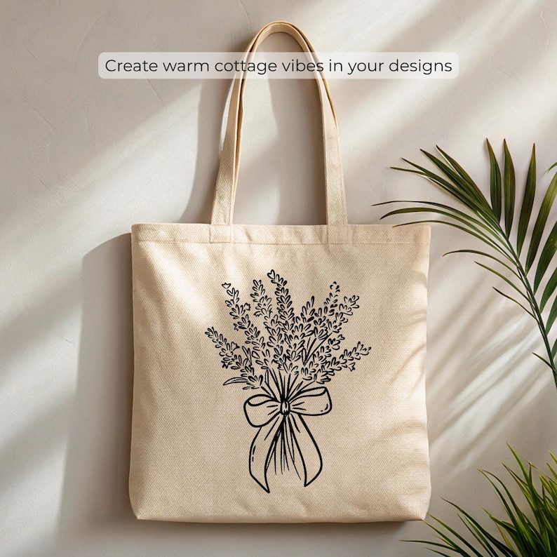 Hand-drawn cottagecore clipart set featuring vintage floral elements, cottage house, dress, basket, teapot, sun hat, jam jar, candles, gardening tools, bicycle, cozy home items, and cute animals in black line art style.