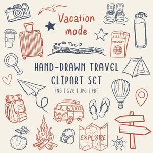 Peut inclure: Ensemble de cliparts de voyage dessinés à la main, avec des illustrations sur le thème du voyage. Comprend une valise, un appareil photo, un passeport, un train, une tente, un sac à dos, une carte et un van vintage. Le texte "Vacation mode" et "Explore" sont également inclus.