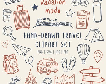 Hand Drawn Travel Clipart Set | Vacation Doodles, Adventure Icons | PNG SVG | Commerical Use