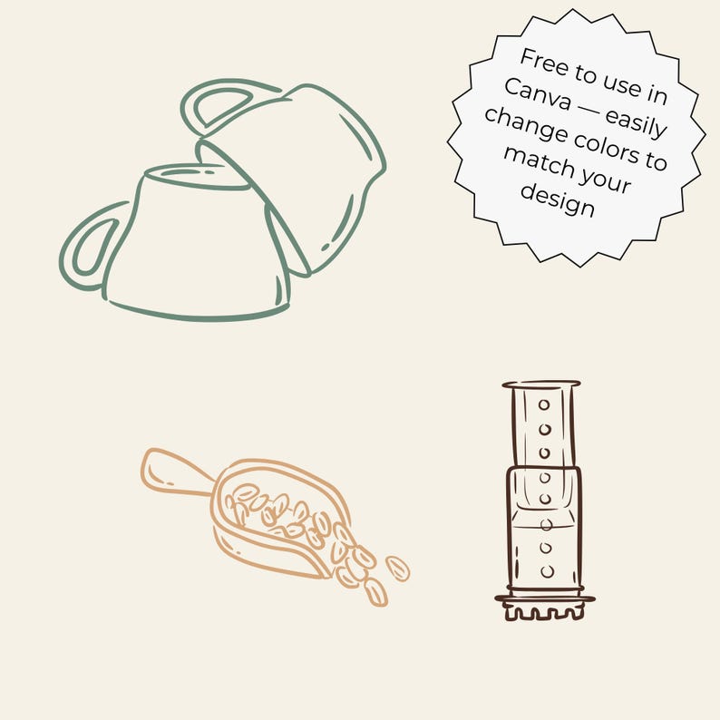 Hand-drawn coffee clipart set with line art coffee cups, espresso tools, moka pot, grinder, coffee beans and cafe elements, doodle illustrations.