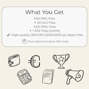 Hand-drawn business clipart set featuring laptop, charts, money icons, calendar, globe, light bulb, briefcase, and more office doodles.