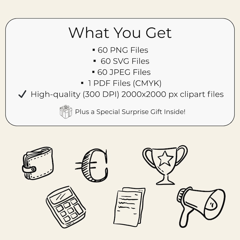 Hand-drawn business clipart set featuring laptop, charts, money icons, calendar, globe, light bulb, briefcase, and more office doodles.