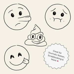 Hand-drawn doodle emoji clipart set featuring 55 cute and expressive faces in PNG, SVG, JPG, and PDF formats. Perfect for stickers, planners, journals, scrapbooking, and Cricut crafts.