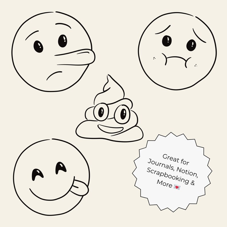 Hand-drawn doodle emoji clipart set featuring 55 cute and expressive faces in PNG, SVG, JPG, and PDF formats. Perfect for stickers, planners, journals, scrapbooking, and Cricut crafts.