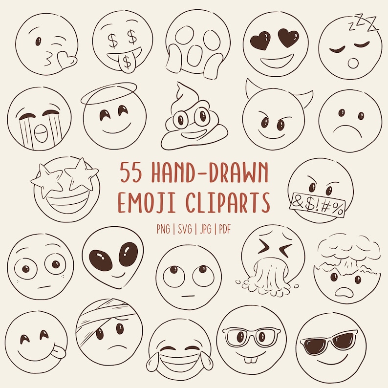 Hand-drawn doodle emoji clipart set featuring 55 cute and expressive faces in PNG, SVG, JPG, and PDF formats. Perfect for stickers, planners, journals, scrapbooking, and Cricut crafts.