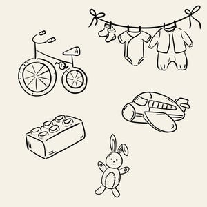 Minimal hand-drawn baby doodle clipart set featuring cute baby elements like bottles, pacifiers, onesies, toys, clouds, and stars. Perfect for baby shower invitations, gender reveal designs, nursery wall art, and printable projects.