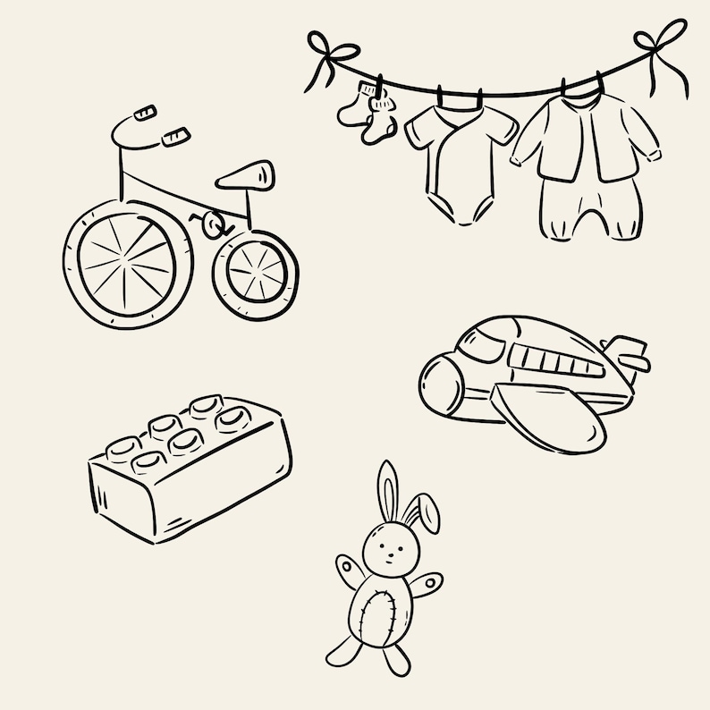 Minimal hand-drawn baby doodle clipart set featuring cute baby elements like bottles, pacifiers, onesies, toys, clouds, and stars. Perfect for baby shower invitations, gender reveal designs, nursery wall art, and printable projects.