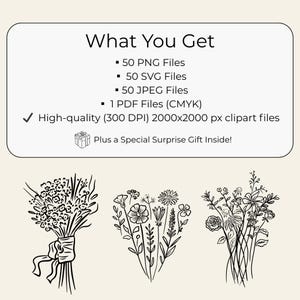 Transparent background set of 50 hand-drawn floral cliparts, featuring botanical line art flowers, leaves, stems, wildflowers, and bouquets.