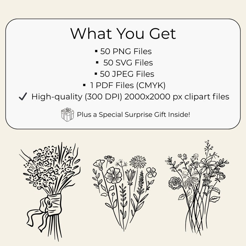 Transparent background set of 50 hand-drawn floral cliparts, featuring botanical line art flowers, leaves, stems, wildflowers, and bouquets.