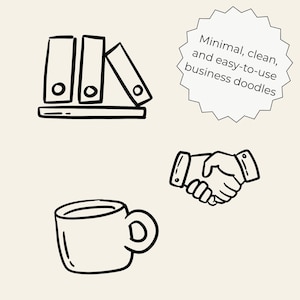 Hand-drawn business clipart set featuring laptop, charts, money icons, calendar, globe, light bulb, briefcase, and more office doodles.