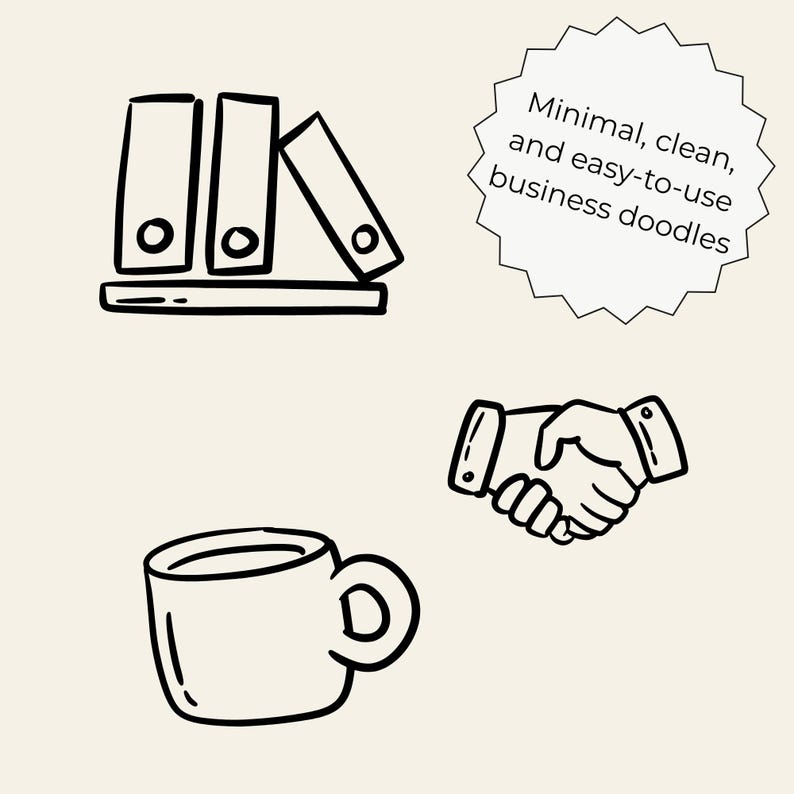 Hand-drawn business clipart set featuring laptop, charts, money icons, calendar, globe, light bulb, briefcase, and more office doodles.