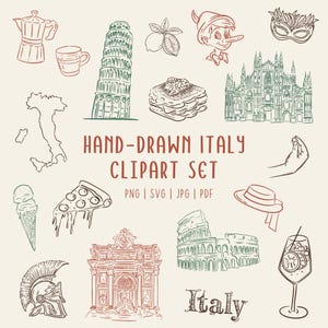 Conjunto de Clipart Italiano Desenhado à Mão • Ilustrações de Pontos Turísticos e Comida Italiana • PNG SVG para Uso Comercial