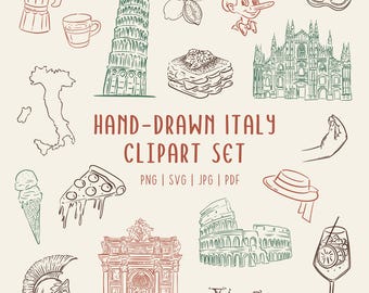 Conjunto de imágenes prediseñadas de Italia dibujadas a mano • Ilustraciones de monumentos y comida italiana • PNG SVG para uso comercial
