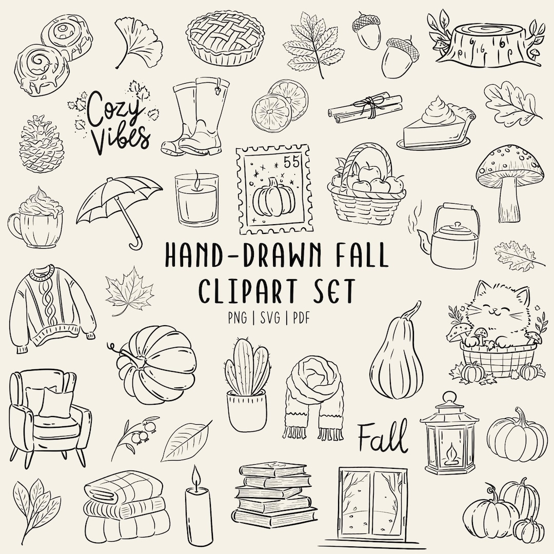 Hand Drawn Fall Cliparts | 50 Cozy Autumn Doodles | PNG SVG PDF ...