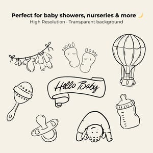 Minimal hand-drawn baby doodle clipart set featuring cute baby elements like bottles, pacifiers, onesies, toys, clouds, and stars. Perfect for baby shower invitations, gender reveal designs, nursery wall art, and printable projects.